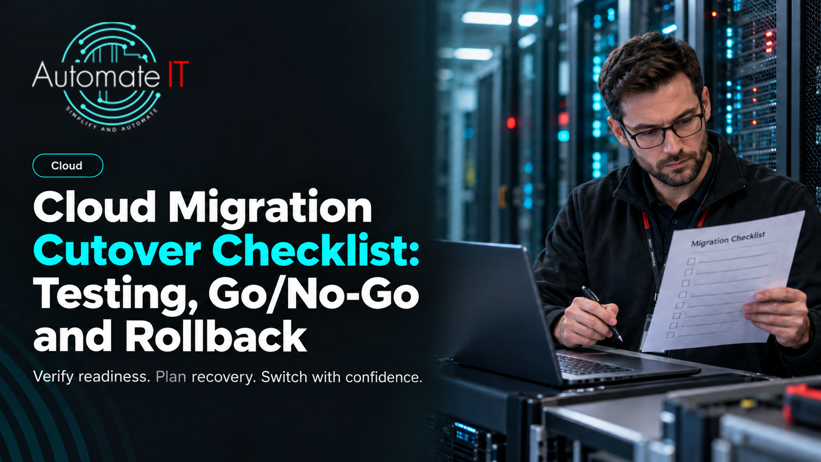 Cloud migration cutover checklist banner with the Automate IT logo and an IT engineer reviewing a migration plan beside server racks.
