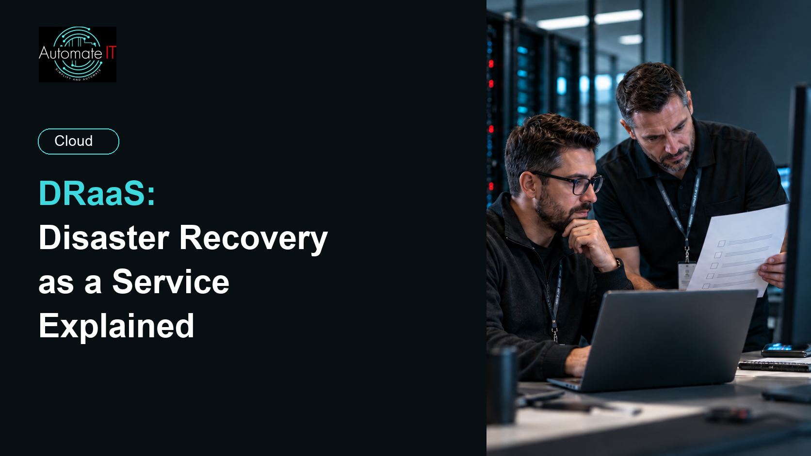 IT operations professionals reviewing a disaster recovery checklist beside server racks