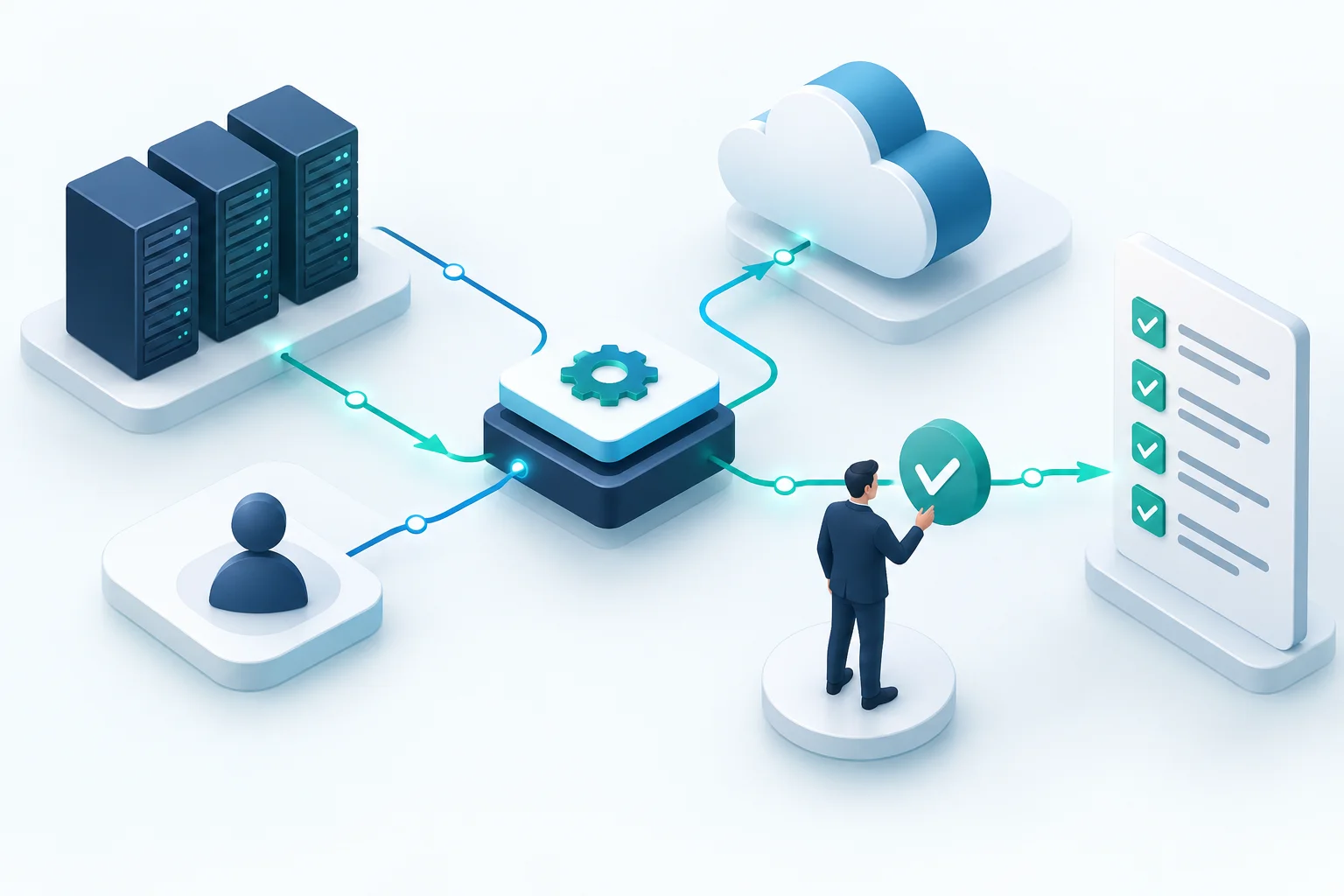 Illustration of servers, cloud systems and user accounts connected through an IT automation workflow with human approval